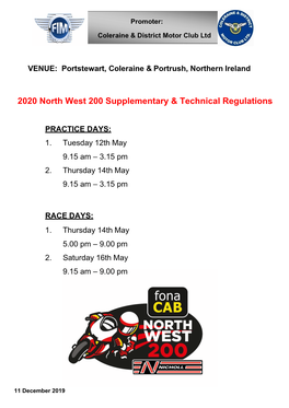 2020 North West 200 Supplementary & Technical Regulations