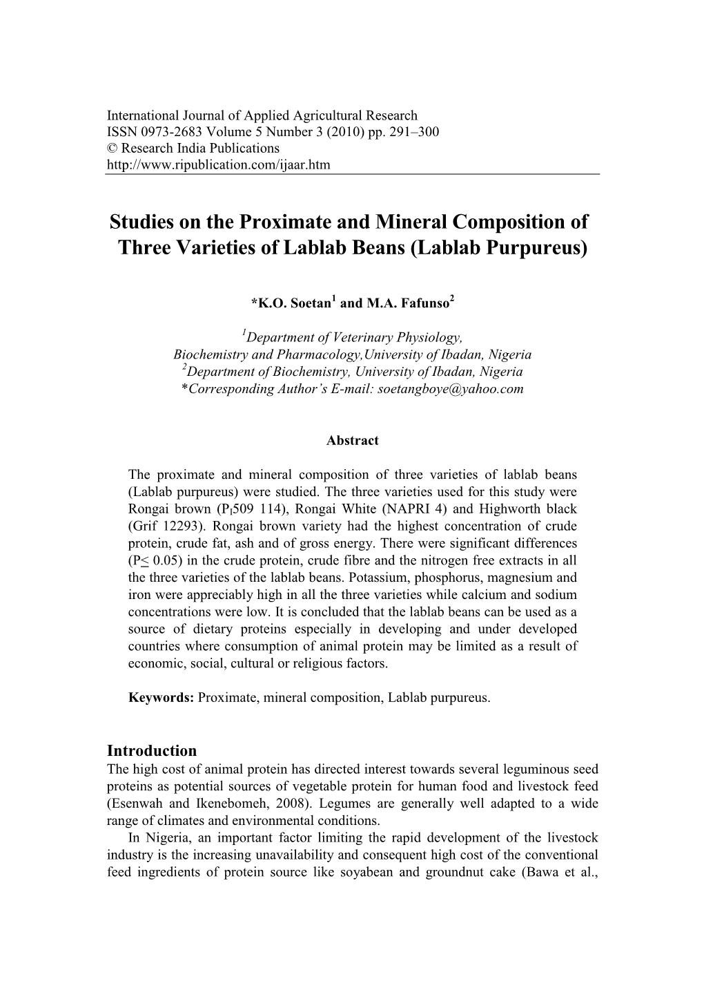 Studies on the Proximate and Mineral Composition of Three Varieties of Lablab Beans (Lablab Purpureus)