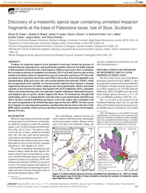 Discovery of a Meteoritic Ejecta Layer Containing Unmelted Impactor Fragments at the Base of Paleocene Lavas, Isle of Skye, Scotland