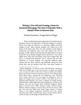 Writing a New Self and Creating a Sense for Emotional Belonging: the Case of Nadezhda Teffi, a Russian Writer in Interwar Paris