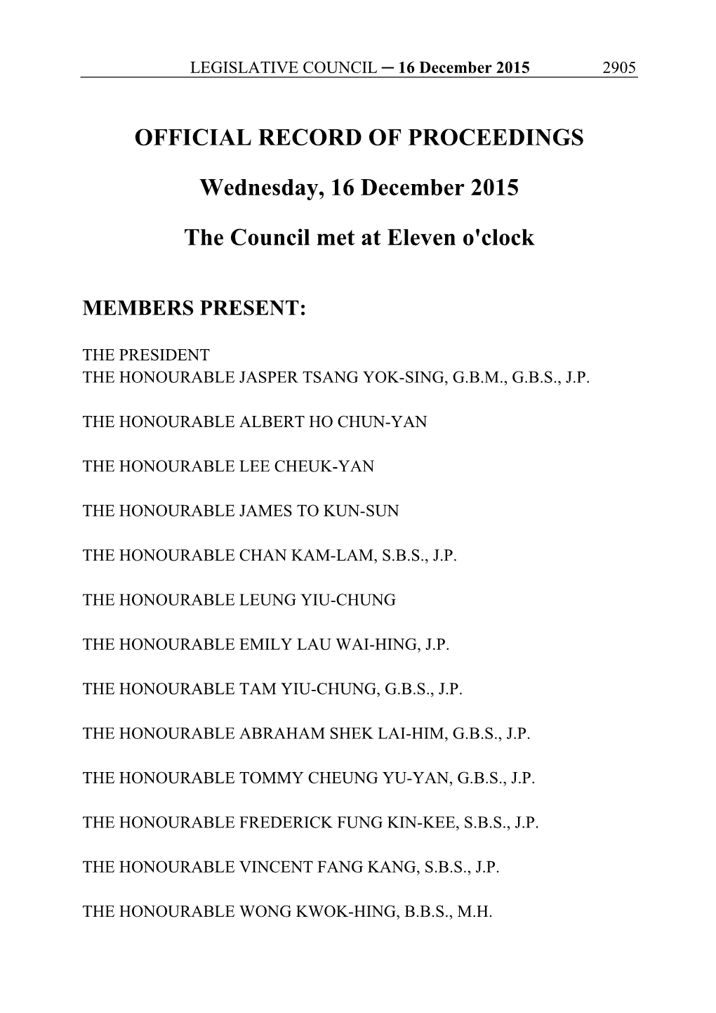 OFFICIAL RECORD of PROCEEDINGS Wednesday, 16