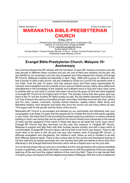Evangel Bible-Presbyterian Church, Malaysia 10Th Anniversary