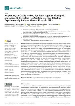 Adiporon, an Orally Active, Synthetic Agonist of Adipor1 and Adipor2 Receptors Has Gastroprotective Effect in Experimentally Induced Gastric Ulcers in Mice