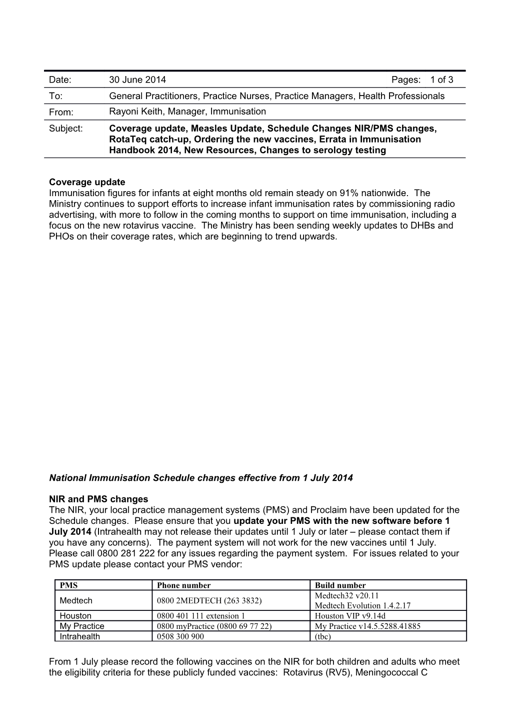 National Immunisation Schedule Changes Effective from 1 July 2014