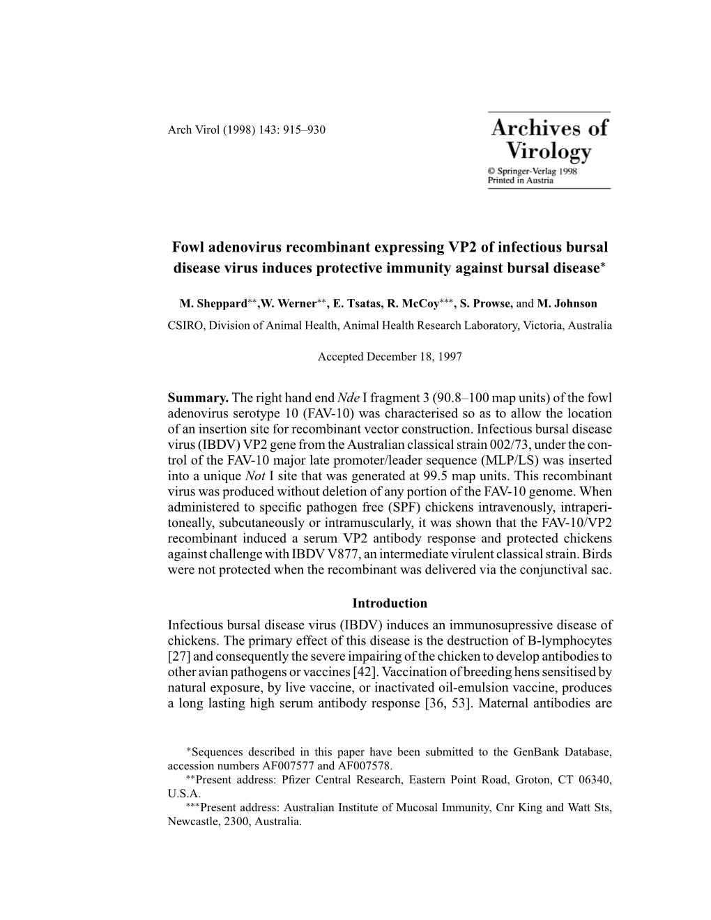 Fowl Adenovirus Recombinant Expressing VP2 of Infectious Bursal