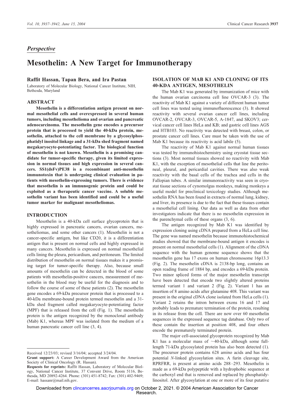 Mesothelin: a New Target for Immunotherapy