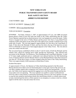 New York State Public Transportation Safety Board Rail Safety Section Abbreviated Report Case Number: 9260