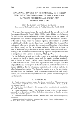 Ecological Studies of Rhopalocera in a Sierra Nevadan Community-Donner Pass, California