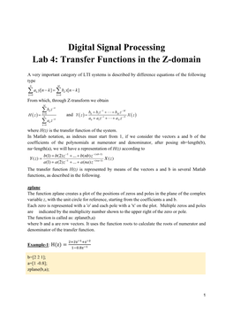 Digital Signal Processing Lab 4: Transfer Functions in the Z-Domain