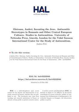 Oisteanu, Andrei, Inventing the Jews. Antisemitic Stereotypes in Romania and Other Central European Cultures