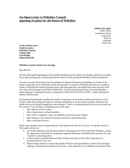 An Open Letter to Wiltshire Council Opposing Its Plans for the Future of Wiltshire