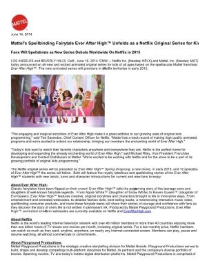 Mattel's Spellbinding Fairytale Ever After High™ Unfolds As a Netflix Original Series for Kids