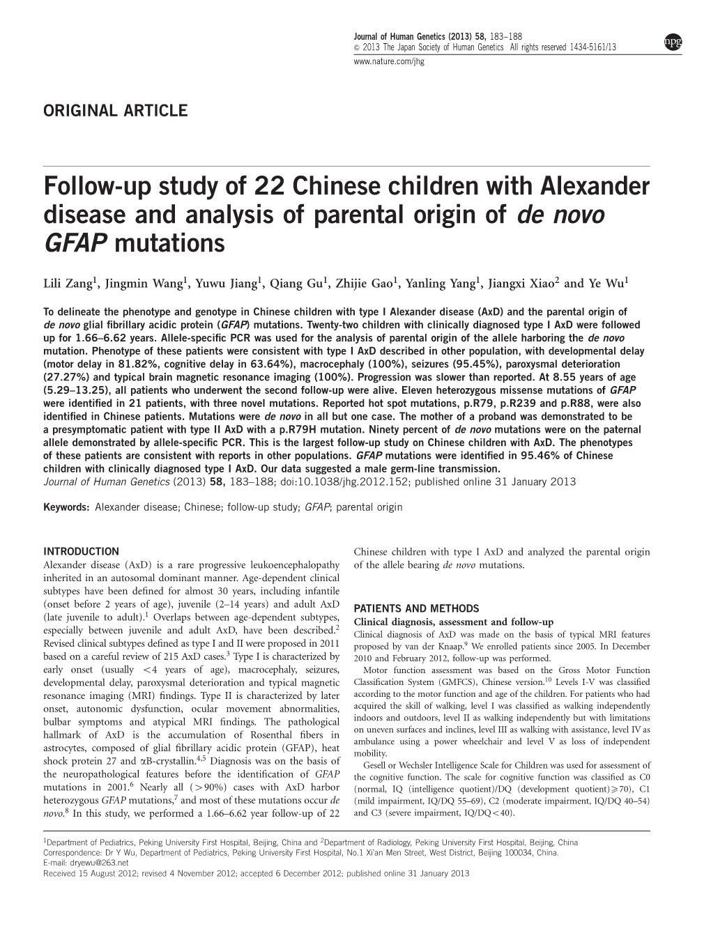 Follow-Up Study of 22 Chinese Children with Alexander Disease and Analysis of Parental Origin of De Novo GFAP Mutations