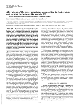 Alterations of the Outer Membrane Composition in Escherichia Coli Lacking the Histone-Like Protein HU