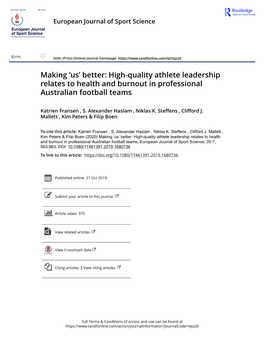 Making 'Us' Better: High-Quality Athlete Leadership Relates to Health and Burnout in Professional Au