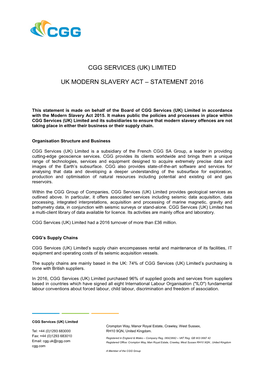 Cgg Services (Uk) Limited Uk Modern Slavery Act – Statement 2016