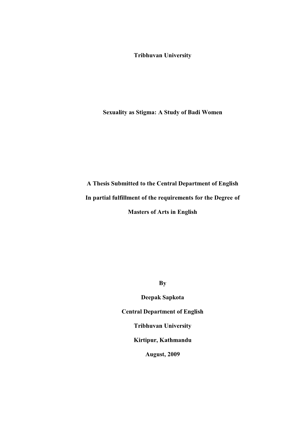 A Study of Badi Women a Thesis Submitted to the Central