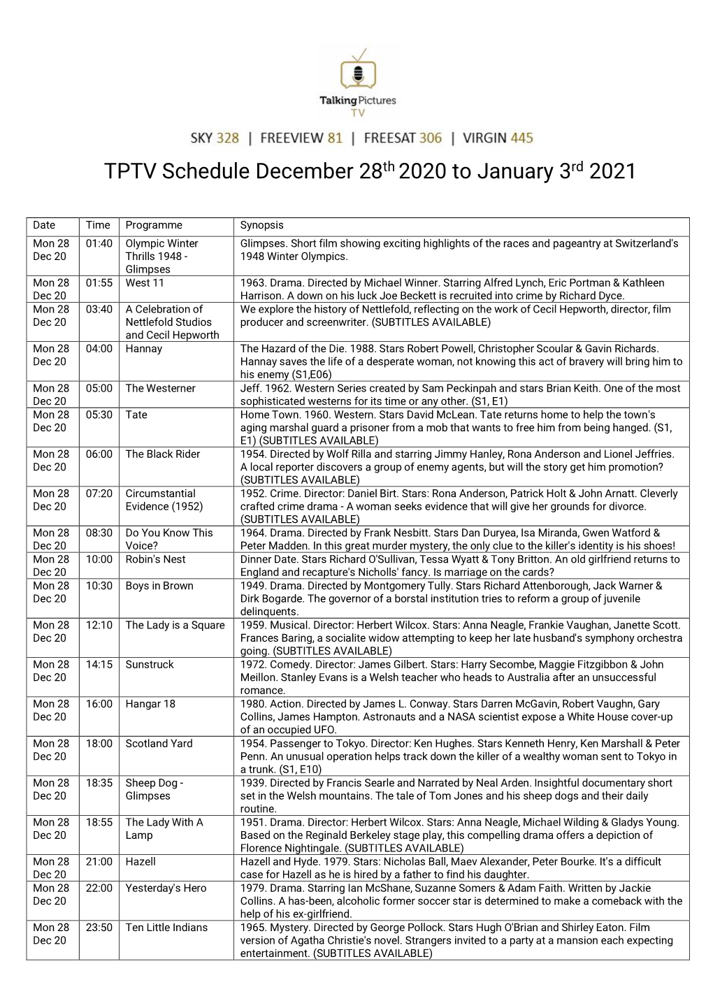 TPTV Schedule December 28Th 2020 to January 3Rd 2021