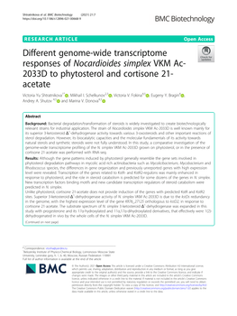 Different Genome-Wide Transcriptome Responses of Nocardioides Simplex VKM Ac- 2033D to Phytosterol and Cortisone 21- Acetate Victoria Yu Shtratnikova1* , Mikhail I