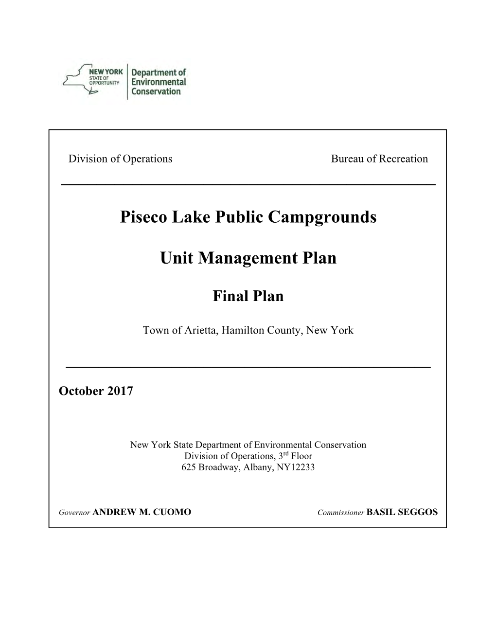 Piseco Lake Public Campgrounds Unit Management Plan