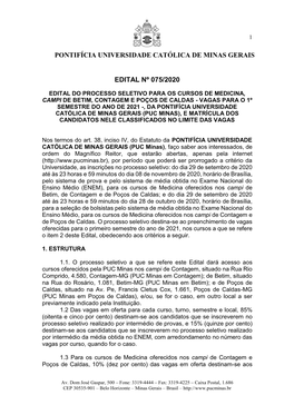 Pontifícia Universidade Católica De Minas Gerais Edital Nº 075/2020