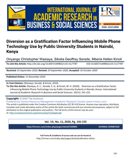 Diversion As a Gratification Factor Influencing Mobile Phone Technology Use by Public University Students in Nairobi, Kenya