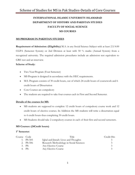 Scheme of Studies for MS in Pak Studies-Details of Core Courses