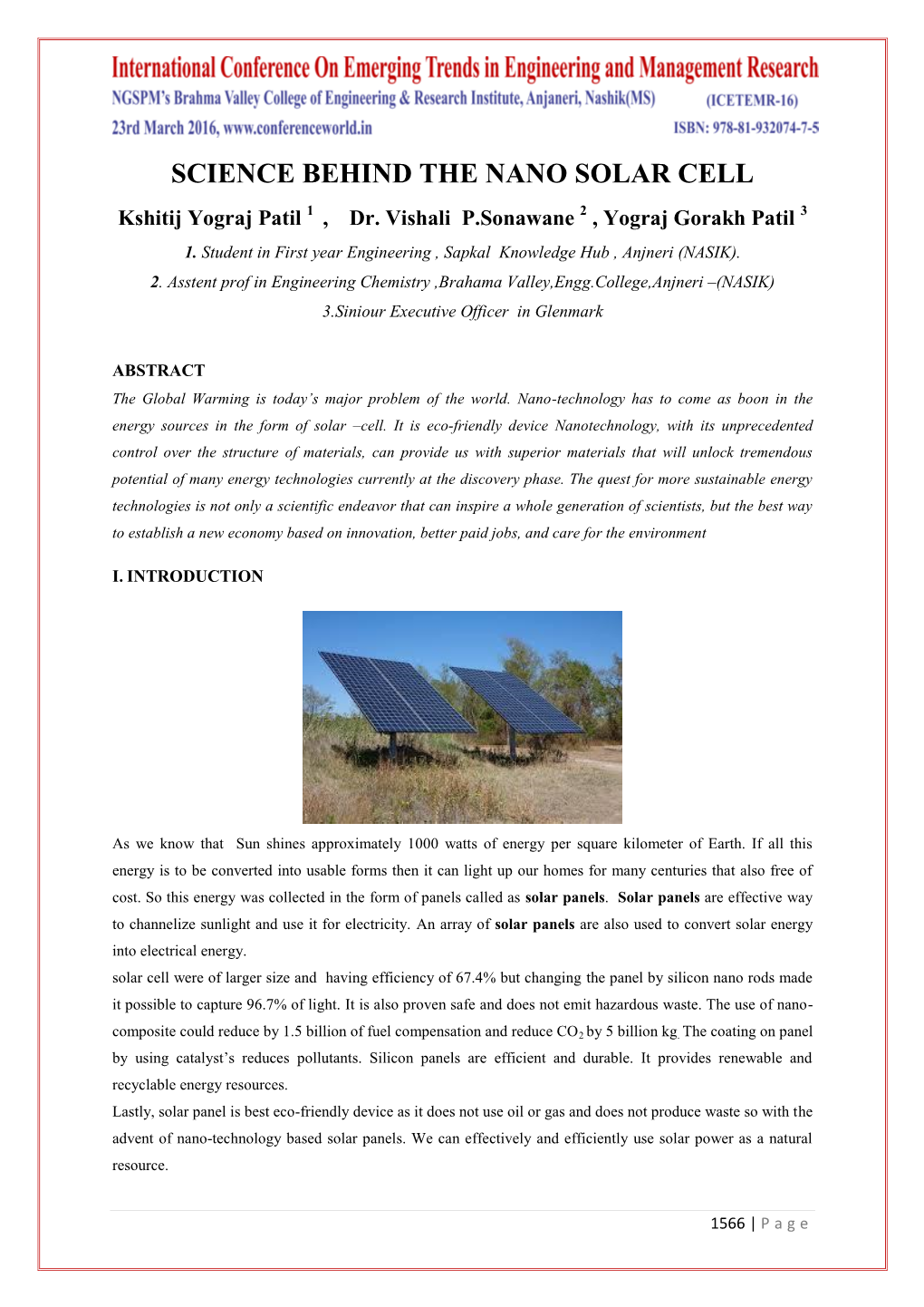 SCIENCE BEHIND the NANO SOLAR CELL Kshitij Yograj Patil 1 , Dr