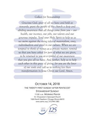 OCTOBER 14, 2018 Collect for Stewardship Gracious God, Giver Of