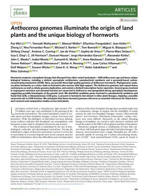 Anthoceros Genomes Illuminate the Origin of Land Plants and the Unique Biology of Hornworts