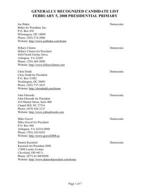 Generally Recognized Candidate List February 5, 2008 Presidential Primary