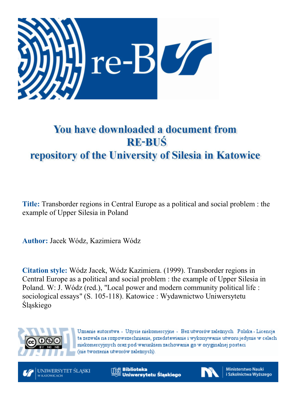 Title: Transborder Regions in Central Europe As a Political and Social Problem : the Example of Upper Silesia in Poland