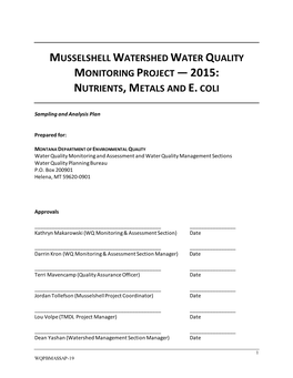 Musselshell Watershed Water Quality Monitoring Project — 2015: Nutrients, Metals and E