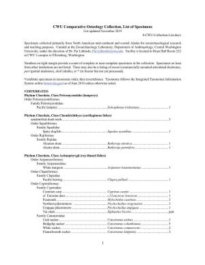 1 CWU Comparative Osteology Collection, List of Specimens