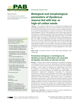 Biological and Morphological Parameters of Dysdercus Maurus Fed with Low- Or High-Oil Cotton Seeds
