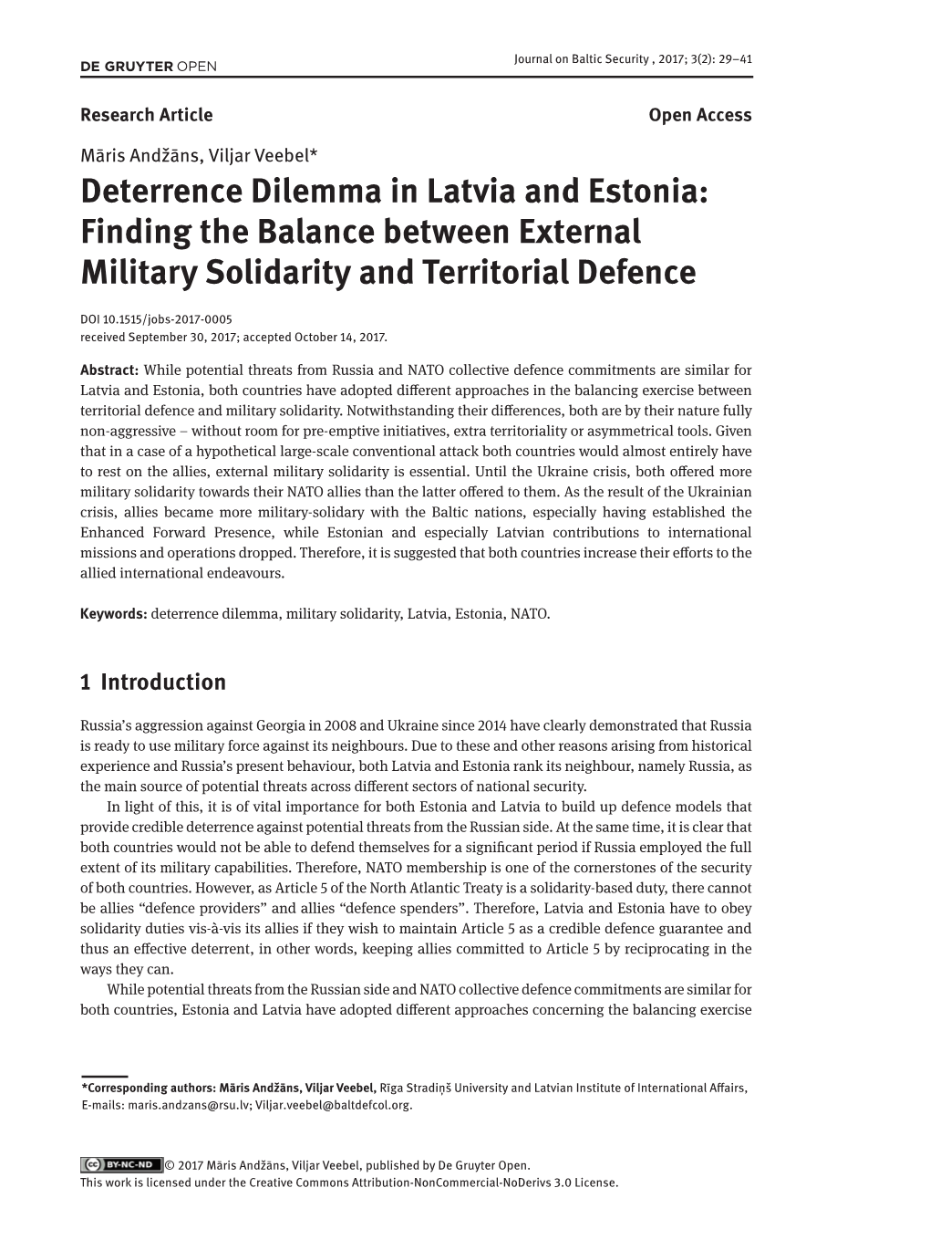 Deterrence Dilemma in Latvia and Estonia: Finding the Balance Between External Military Solidarity and Territorial Defence