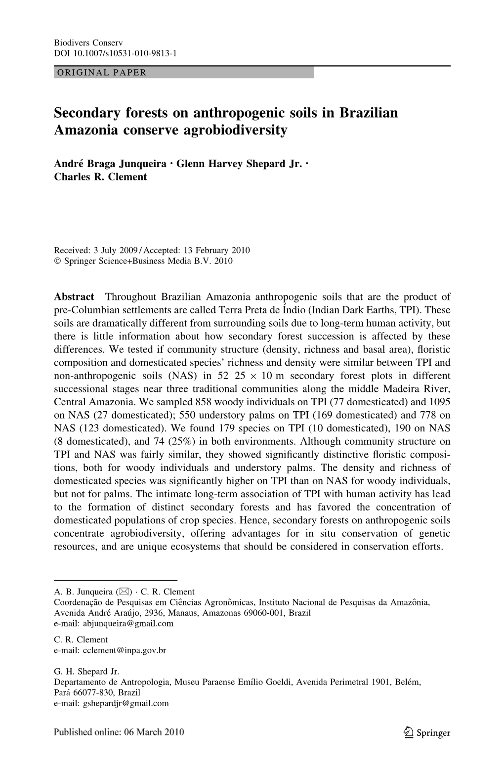 Secondary Forests on Anthropogenic Soils in Brazilian Amazonia Conserve Agrobiodiversity