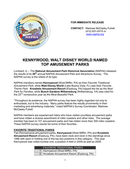 Kennywood, Walt Disney World Named Top Amusement Parks