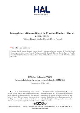 Les Agglomérations Antiques De Franche-Comté : Bilan Et Perspectives Philippe Barral, Nicolas Coquet, Pierre Nouvel