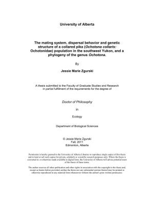 University of Alberta the Mating System, Dispersal Behavior And