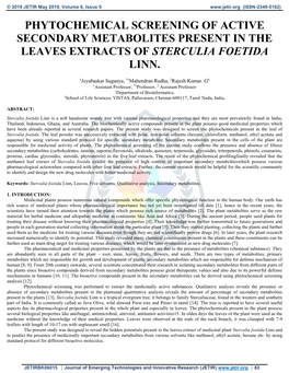 Phytochemical Screening of Active Secondary Metabolites Present in the Leaves Extracts of Sterculia Foetida Linn