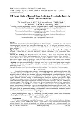CT Based Study of Frontal Horn Ratio and Ventricular Index in South Indian Population