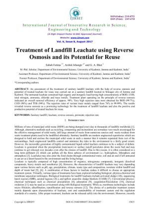 Treatment of Landfill Leachate Using Reverse Osmosis and Its Potential for Reuse