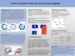 INTRODUCTION: When Listening to Both French and Quebec French, It Is Likely That You Will Notice a Difference in the Way They Sp