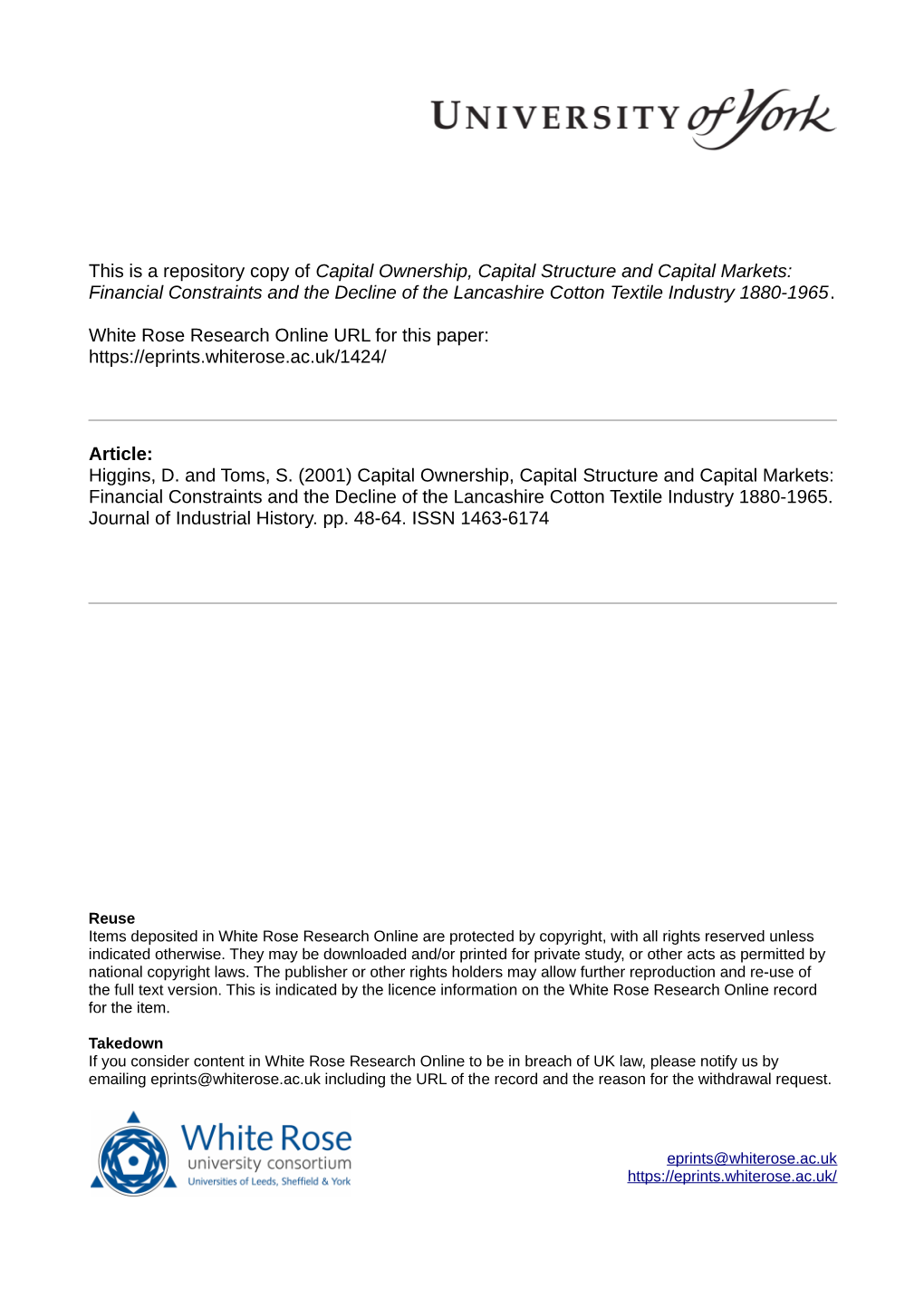 Financial Constraints and the Decline of the Lancashire Cotton Textile Industry 1880-1965