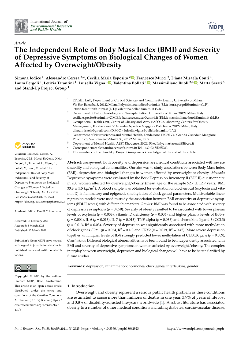 BMI) and Severity of Depressive Symptoms on Biological Changes of Women Affected by Overweight/Obesity