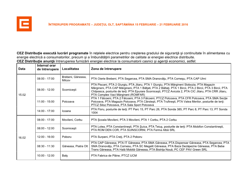 CEZ Distribuţie Execută Lucrări Programate În