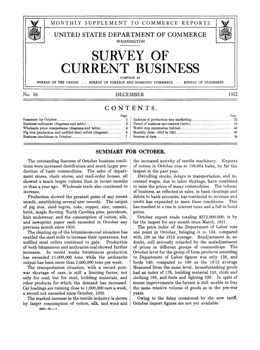 Survey of Current Business December 1922