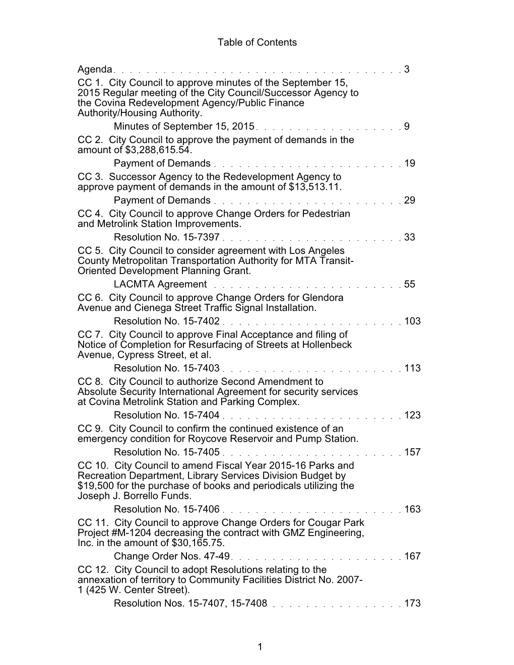 Table of Contents Agenda 3 CC 1. City Council to Approve Minutes Of