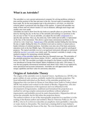 Origins of Astrolabe Theory the Origins of the Astrolabe Were in Classical Greece